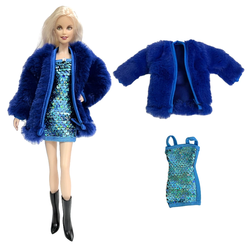 NK 1 комплект повседневной одежды 1/6 Princess Noble, синее платье-жилет на подтяжках, модная шуба для куклы Барби, аксессуары, подарочная игрушка для девочек