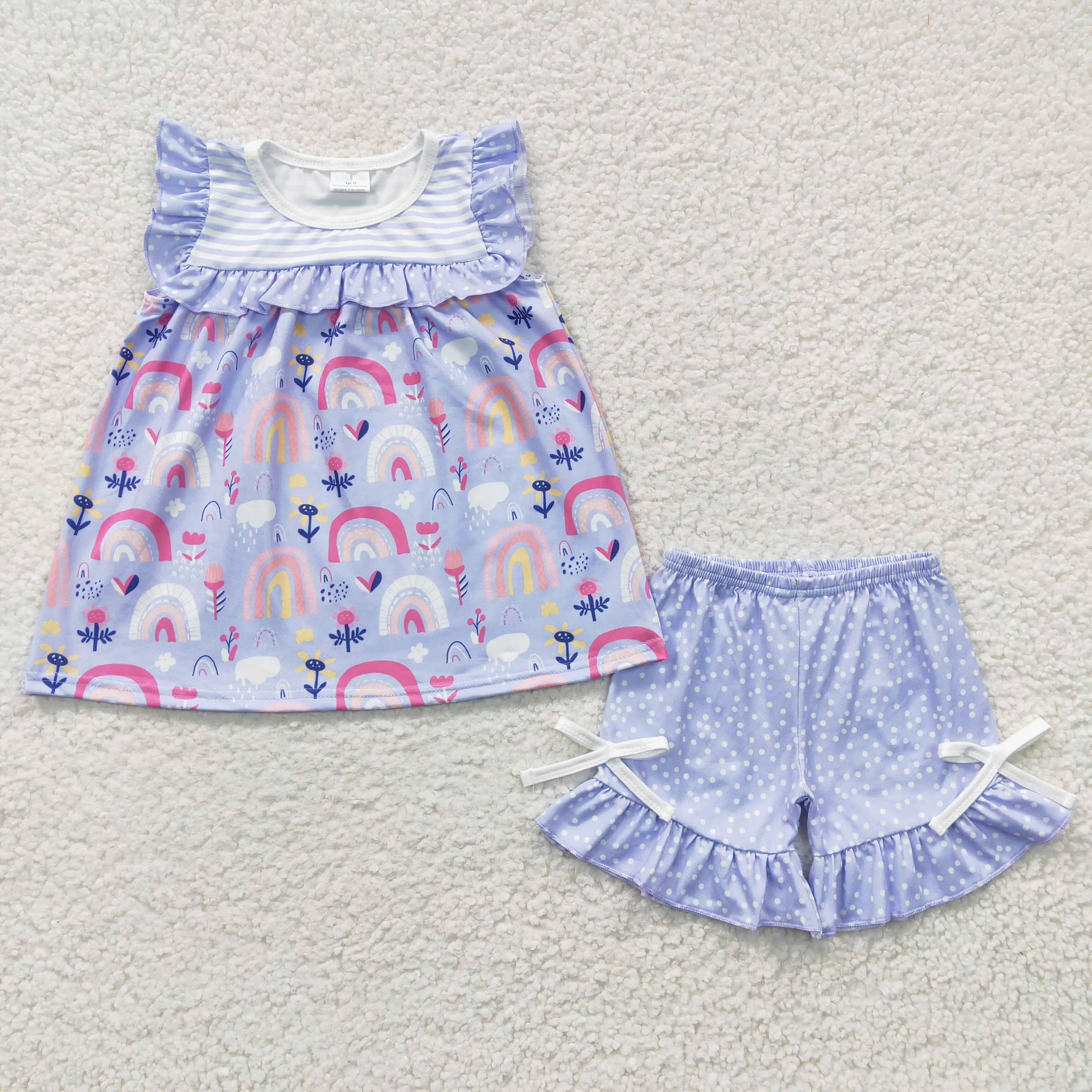 Детские топы оптом для маленьких девочек и мальчиков, Новый костюм с шортами без рукавов в радужный цветок и синий горошек.