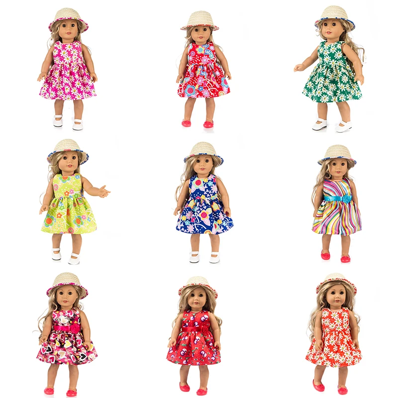 Горячая соломенная шляпа + платье, подходящие для одежды куклы American Girl, 18-дюймовая кукла, рождественский подарок для девочки (продается только одежда)