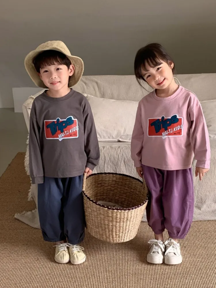 2023, Весенне-Осенняя Новая детская футболка Южнокорейского агентства по закупкам, Детская футболка с длинными рукавами и буквенным принтом Для мальчиков