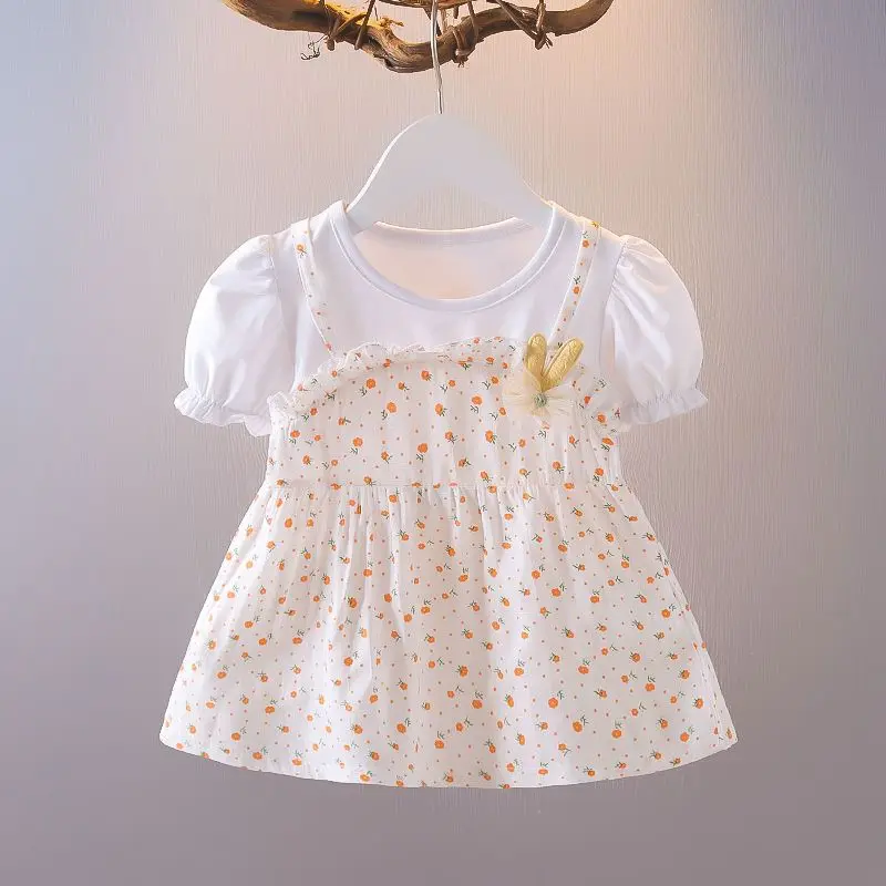 Милая одежда для девочек, Круглый вырез, Auricularia Auricula Edge, Лоскутное шитье, Фрагментированный цветочный принт, Летние платья трапециевидной формы с коротким рукавом