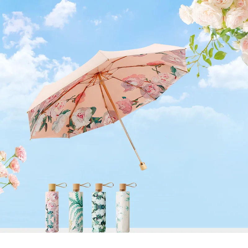 Пятикратная деревянная ручка, солнечный и дождливый, солнцезащитный крем двойного назначения и цветной клей против ультрафиолета, складной женский зонт от солнца