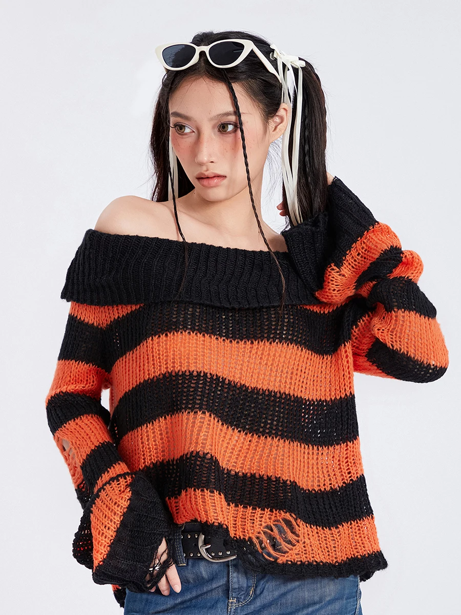 Женский панк-готический полосатый свитер с открытыми плечами, выдалбливают пуловеры свободной вязки, топы Y2K, негабаритные рваные джемперы