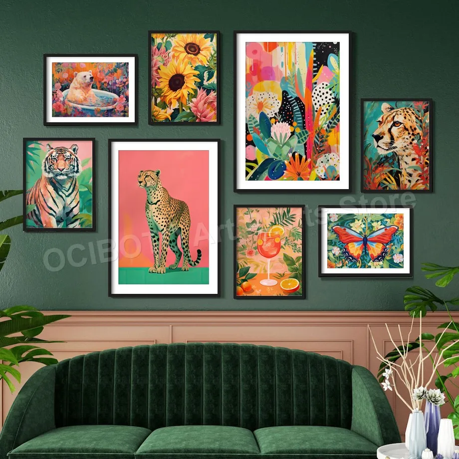 Тропические растения Леопард Тигр Бабочка Медведь Подсолнух Абстрактный плакат для настенного искусства Винтажный принт на холсте Картина для украшения дома