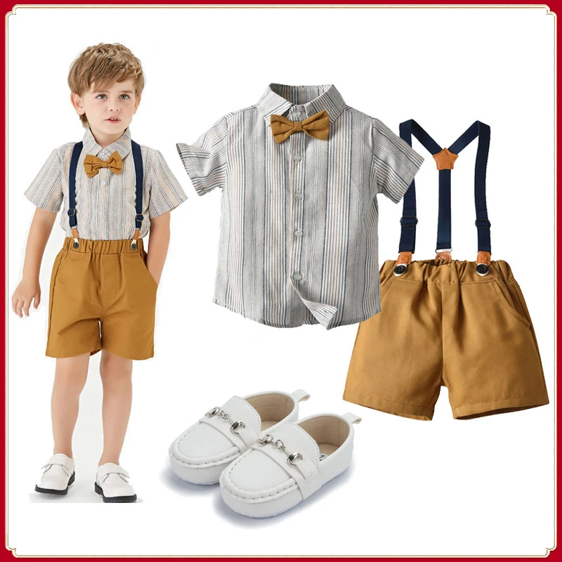Экипировка Baby Boss, костюмы для джентльменов, Корейская летняя детская одежда, рубашка поло в полоску с коротким рукавом для мальчиков, шорты, модный комплект брюк на ремешке
