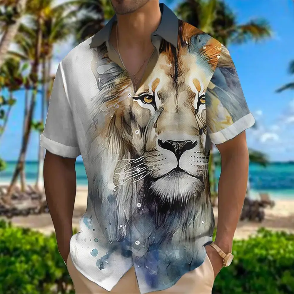 2024 Гавайская рубашка Мужская Повседневная футболка с 3D принтом животного Волка Льва Уличные мужские рубашки Повседневная рубашка для мужчин Модная мужская одежда