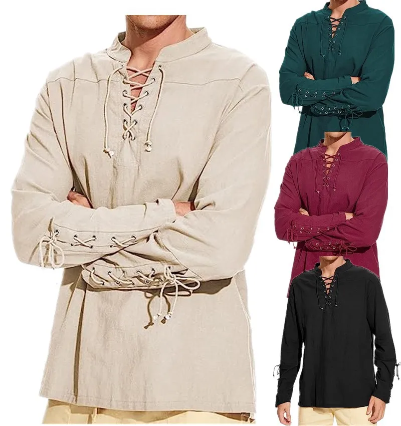 Мужские средневековые костюмные хлопчатобумажные льняные рубашки с оборками и длинным рукавом на шнуровке, Пиратская рубашка для косплея, рубашка вампира Средневекового Возрождения