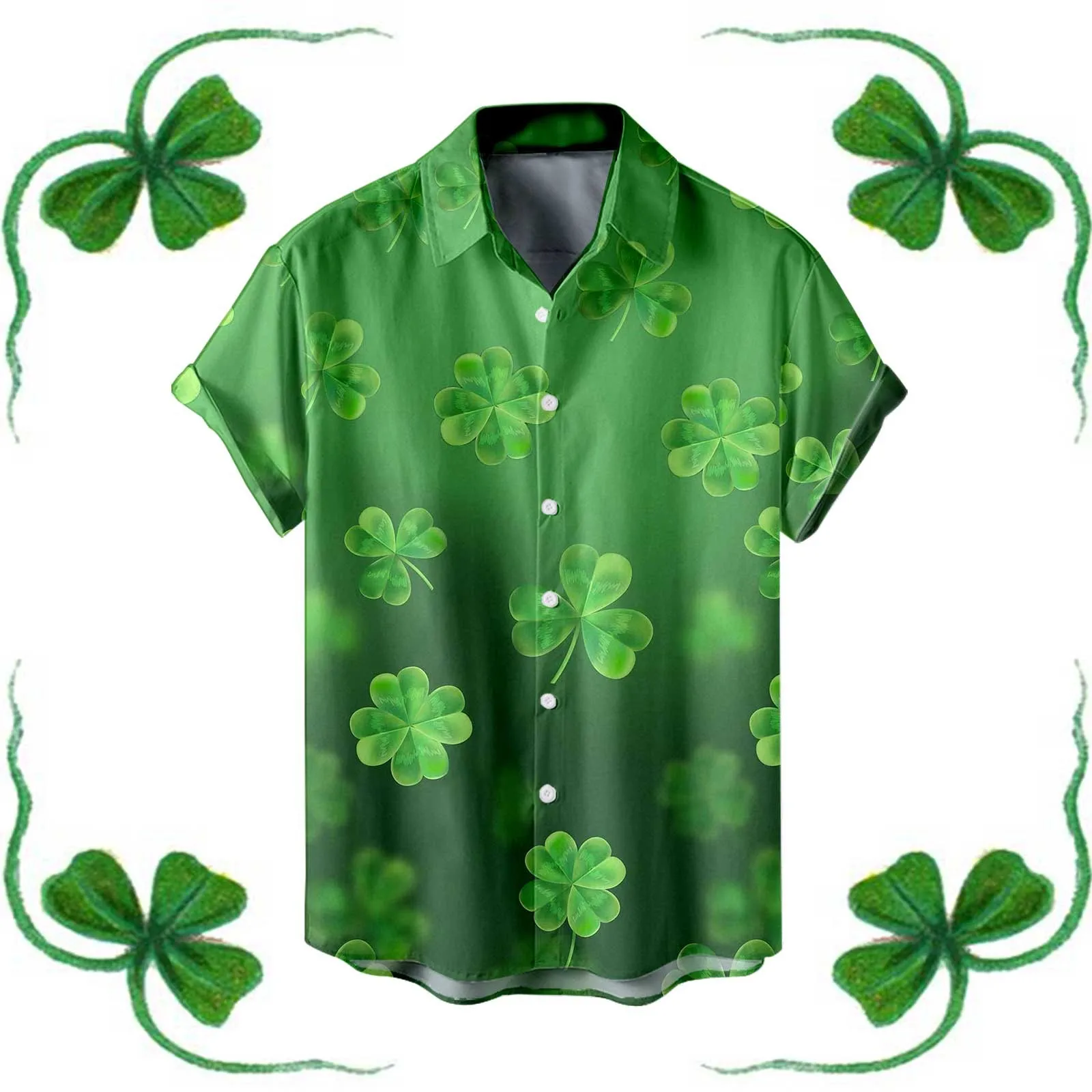 Зеленая рубашка, рубашки в честь Дня Святого Патрика, Мужские Блузки в честь Ирландского национального праздника, Топы с короткими рукавами, домашние майки с отворотом в виде клевера