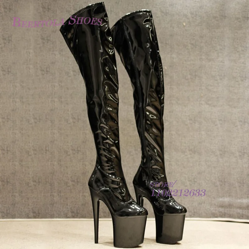 Черные зеркальные кожаные брюки с прямыми бедрами, женские ботинки на 20-сантиметровом каблуке, холщовая платформа, шпильки для танцев на шесте, сексуальная длинная обувь на пружинах