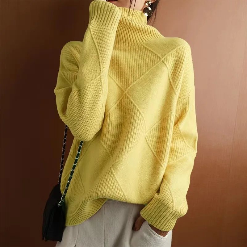 2023 Осенне-зимний Новый женский пуловер, свитер с утолщенным теплом, Модный вязаный шерстяной свитер большого размера с высоким воротником