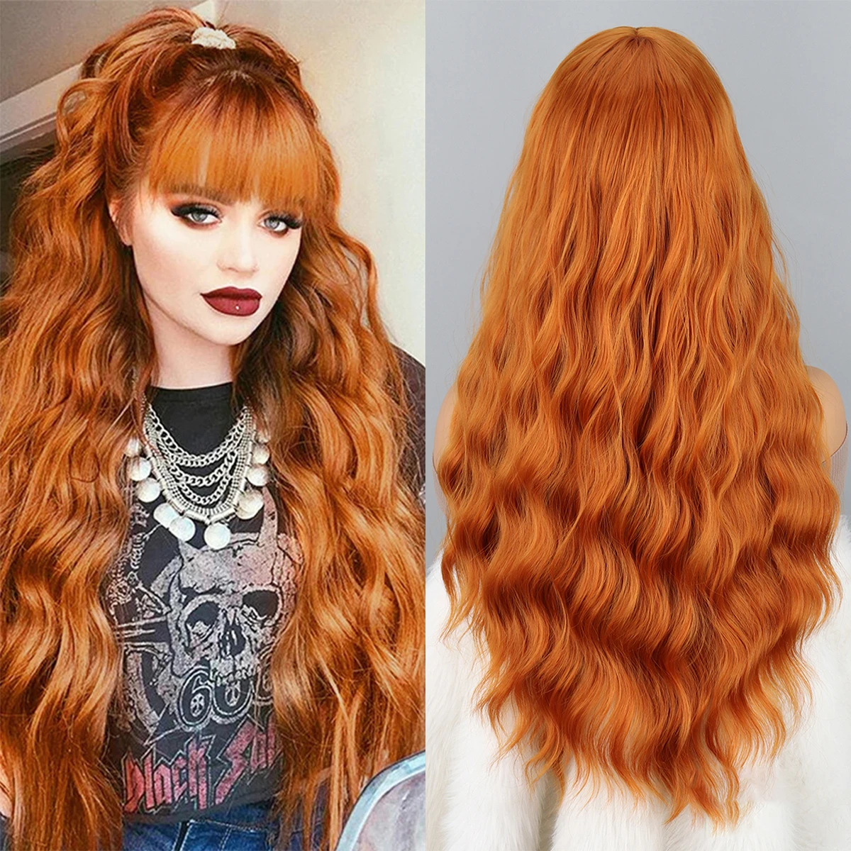 Длинный оранжевый парик с челкой, волнистые локоны, челка, синтетический женский оранжевый длинный парик естественного вида, подходящий для повседневной