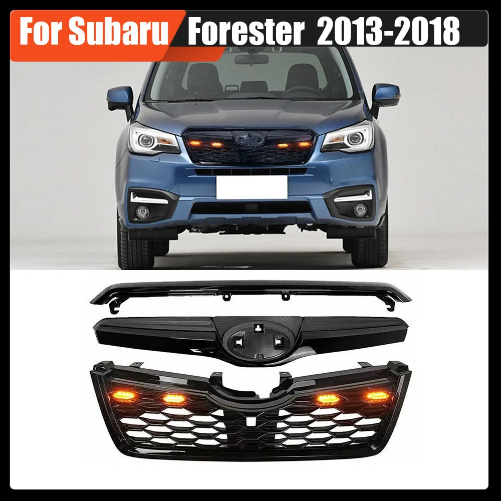 Для Subaru Forester 2013-2018 Черный глянец ABS Комплект сетки для передней решетки в стиле Sti W. Светодиодные фонари Решетка верхнего бампера Гоночные решетки