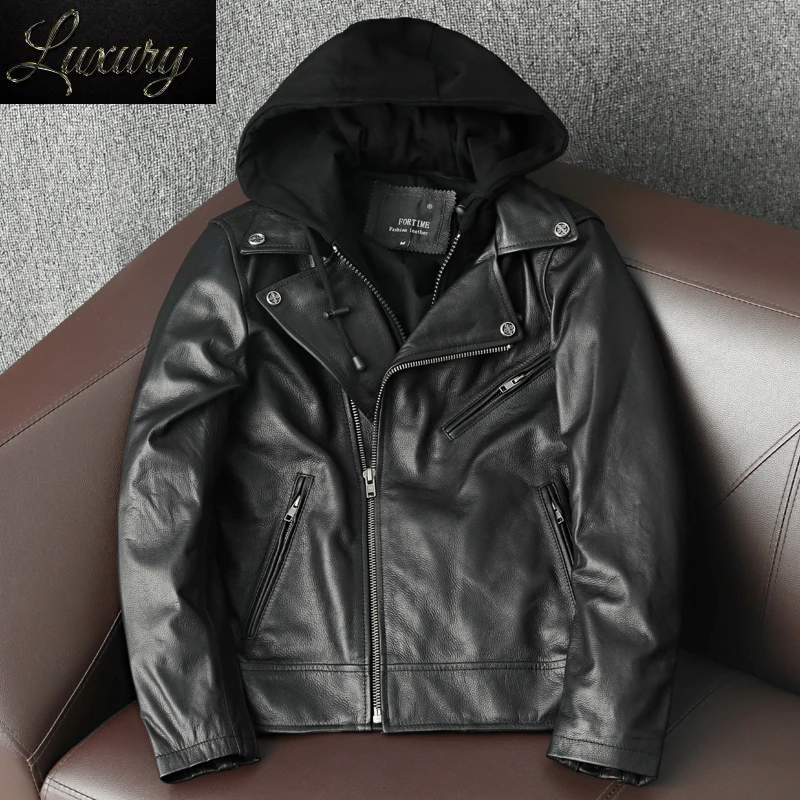Куртка из воловьей кожи верхнего слоя, 100% мужская мотоциклетная куртка с капюшоном, весна и осень, черный отворот