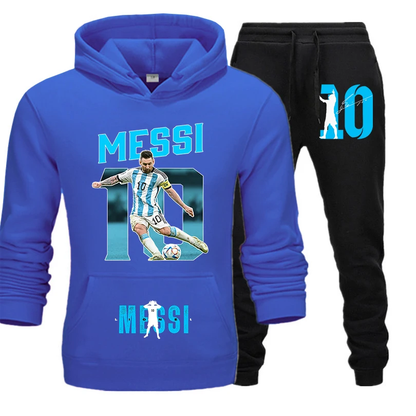 Осенне-зимний спортивный костюм Messi плюс бархатные синие брюки с капюшоном, комплект из 2 предметов, свободный топ большого размера для мужчин и женщин