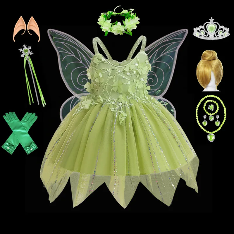 От 1 до 7 ЛЕТ Платья Динь-Динь для Косплея, Зеленое Платье Для девочек, Элегантный Халат с Крылом, Вечерняя Одежда Принцессы на Хэллоуин