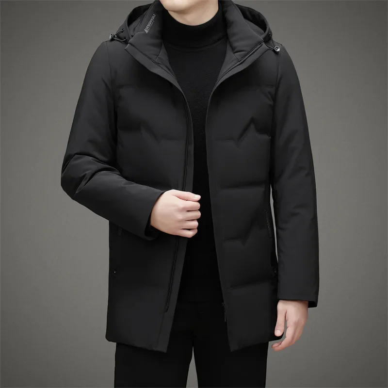 Мужская пуховая куртка средней длины 2023, Зимняя новинка, деловая повседневная теплая куртка среднего возраста с капюшоном