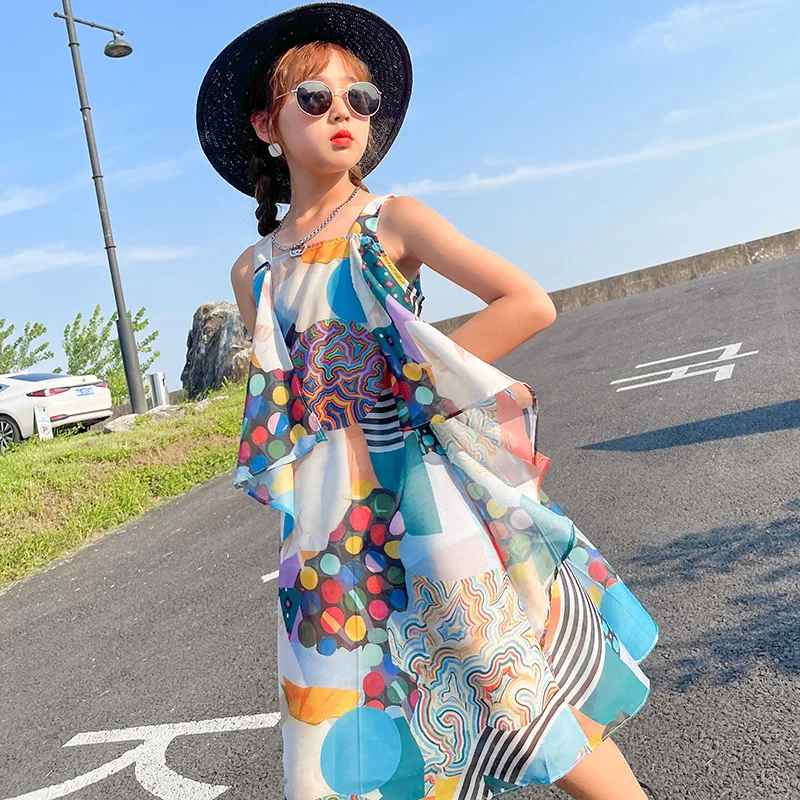 Новое летнее платье в богемном стиле для девочек, Шифоновое платье для пляжного отдыха, детское Радужное платье-комбинация, детские платья