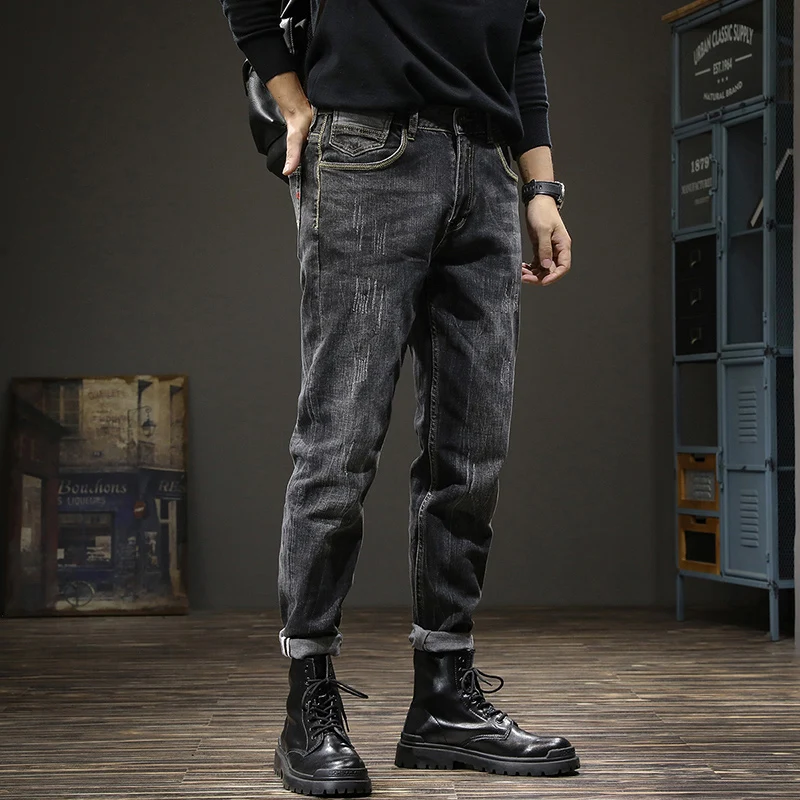 Модные дизайнерские мужские джинсы в стиле ретро, черные, серые, Эластичные, Приталенные, рваные джинсы, мужские хлопчатобумажные брюки, Винтажные повседневные джинсовые брюки Hombre